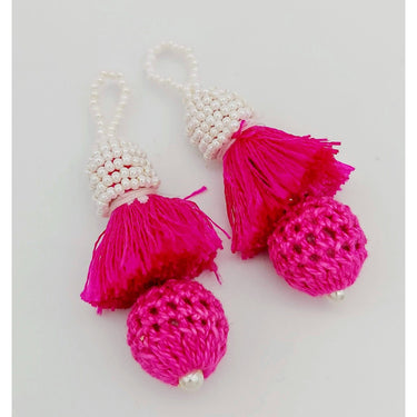 Fuchsia Pink Crochet Ball Tassels With White Pearls Beads, Tassel Charms, Nylon Tassels x 2